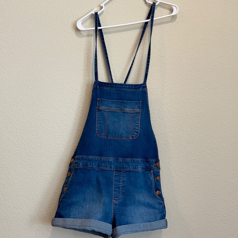Stretchy Short blue Jean overalls with brass buttons criss cross spaghetti strap